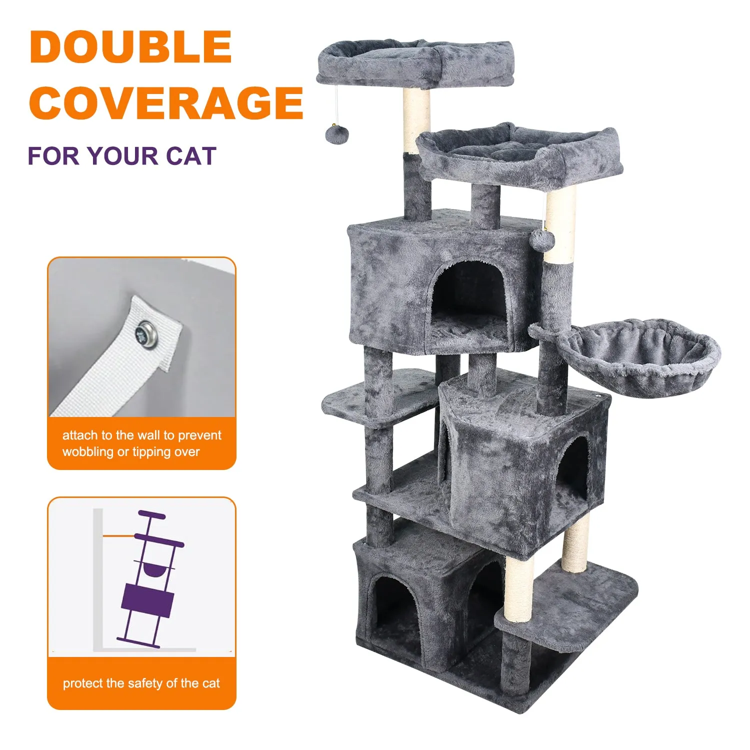 GOOPAWS Multi-Level 65-in Faux Fur Cat Tree & Condo, Dark Grey