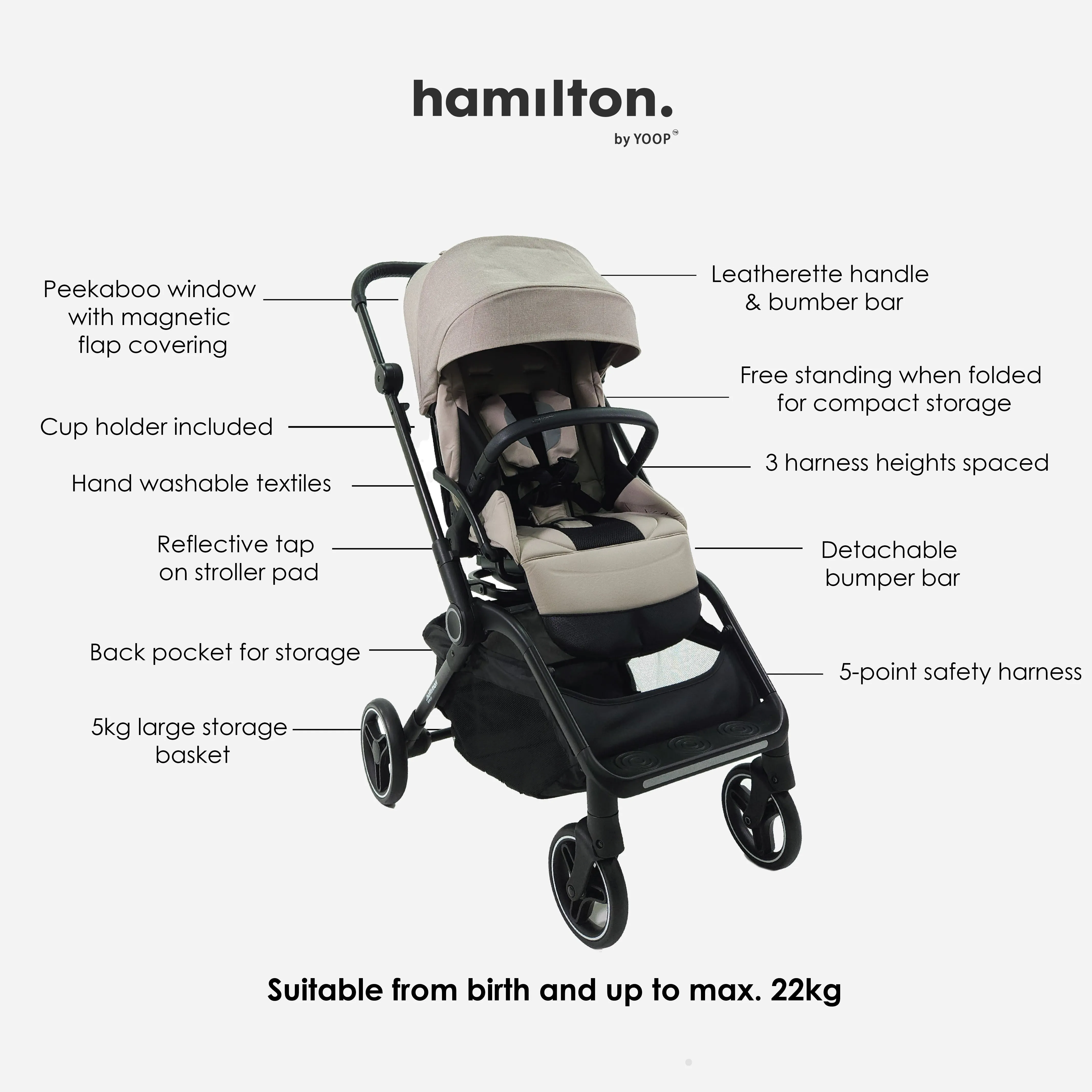 Hamilton by Yoop T1 Buggy – 360° Rotating Seat – MagicFold™ Technology – Foldable – Reflective Wheels with Suspension – Includes Protective Bag and Cup Holder – Adjustable and Manoeuvrable Pushchair – Lightweight Stroller – Folding Buggy – Khaki