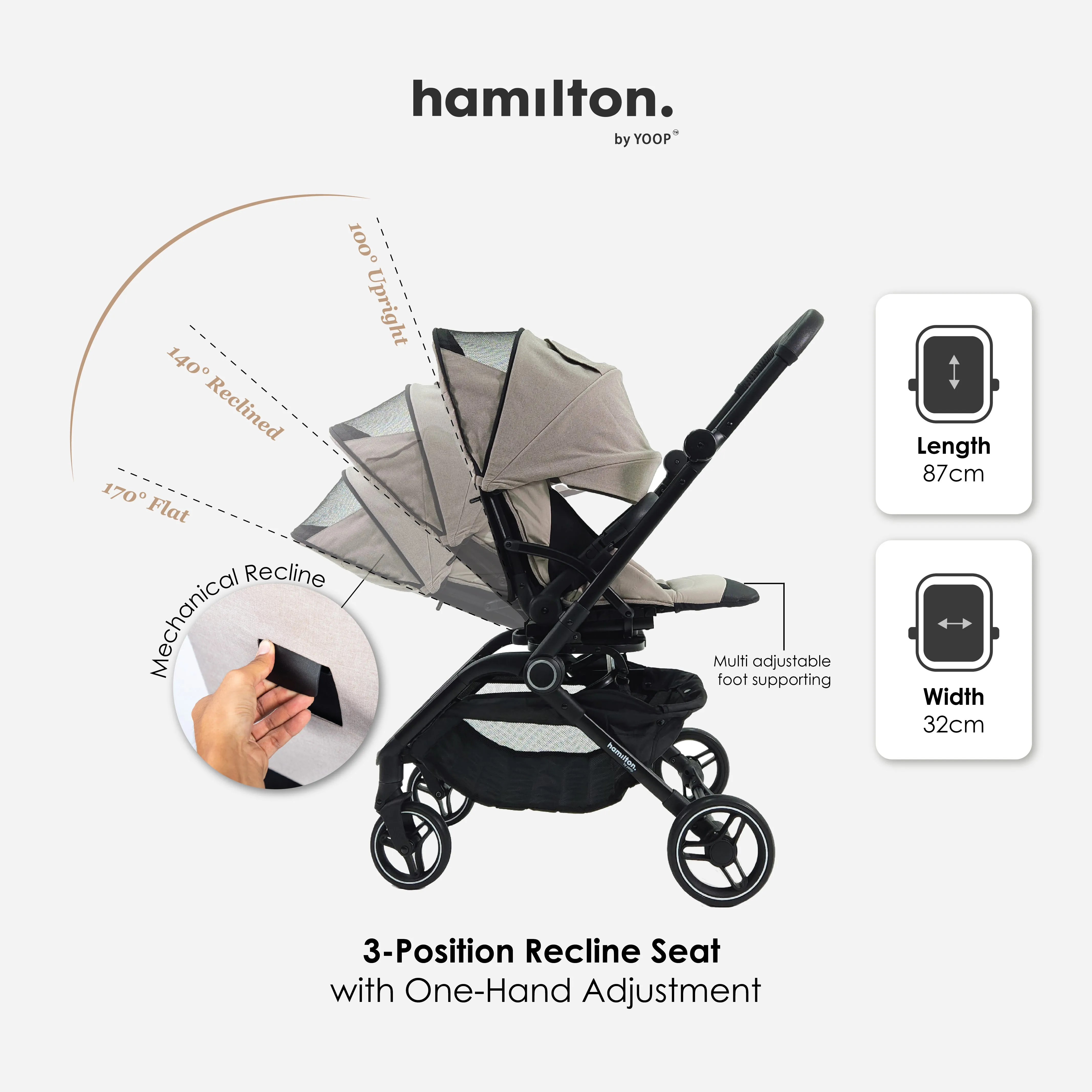 Hamilton by Yoop T1 Buggy – 360° Rotating Seat – MagicFold™ Technology – Foldable – Reflective Wheels with Suspension – Includes Protective Bag and Cup Holder – Adjustable and Manoeuvrable Pushchair – Lightweight Stroller – Folding Buggy – Khaki