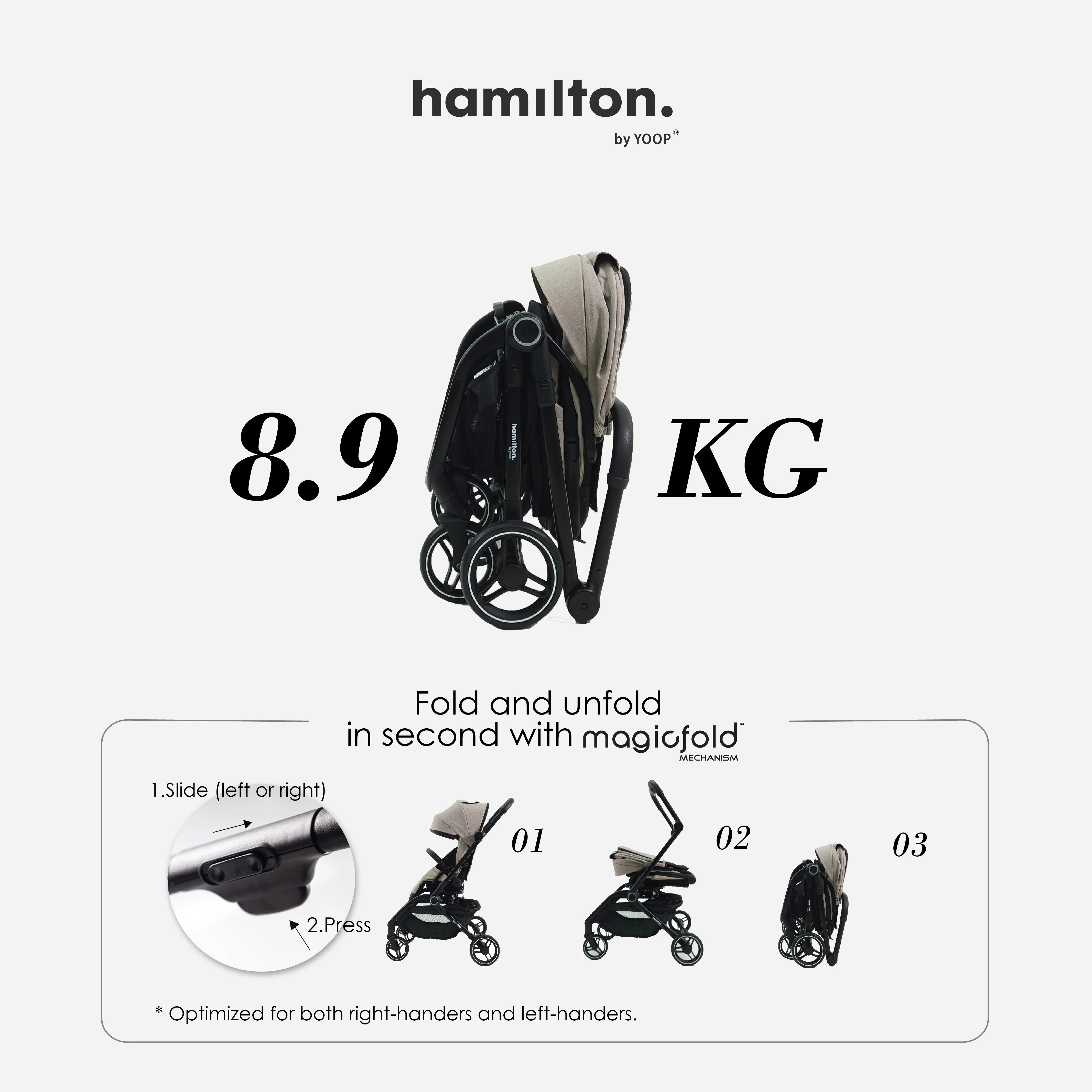 Hamilton by Yoop T1 Buggy – 360° Rotating Seat – MagicFold™ Technology – Foldable – Reflective Wheels with Suspension – Includes Protective Bag and Cup Holder – Adjustable and Manoeuvrable Pushchair – Lightweight Stroller – Folding Buggy – Khaki