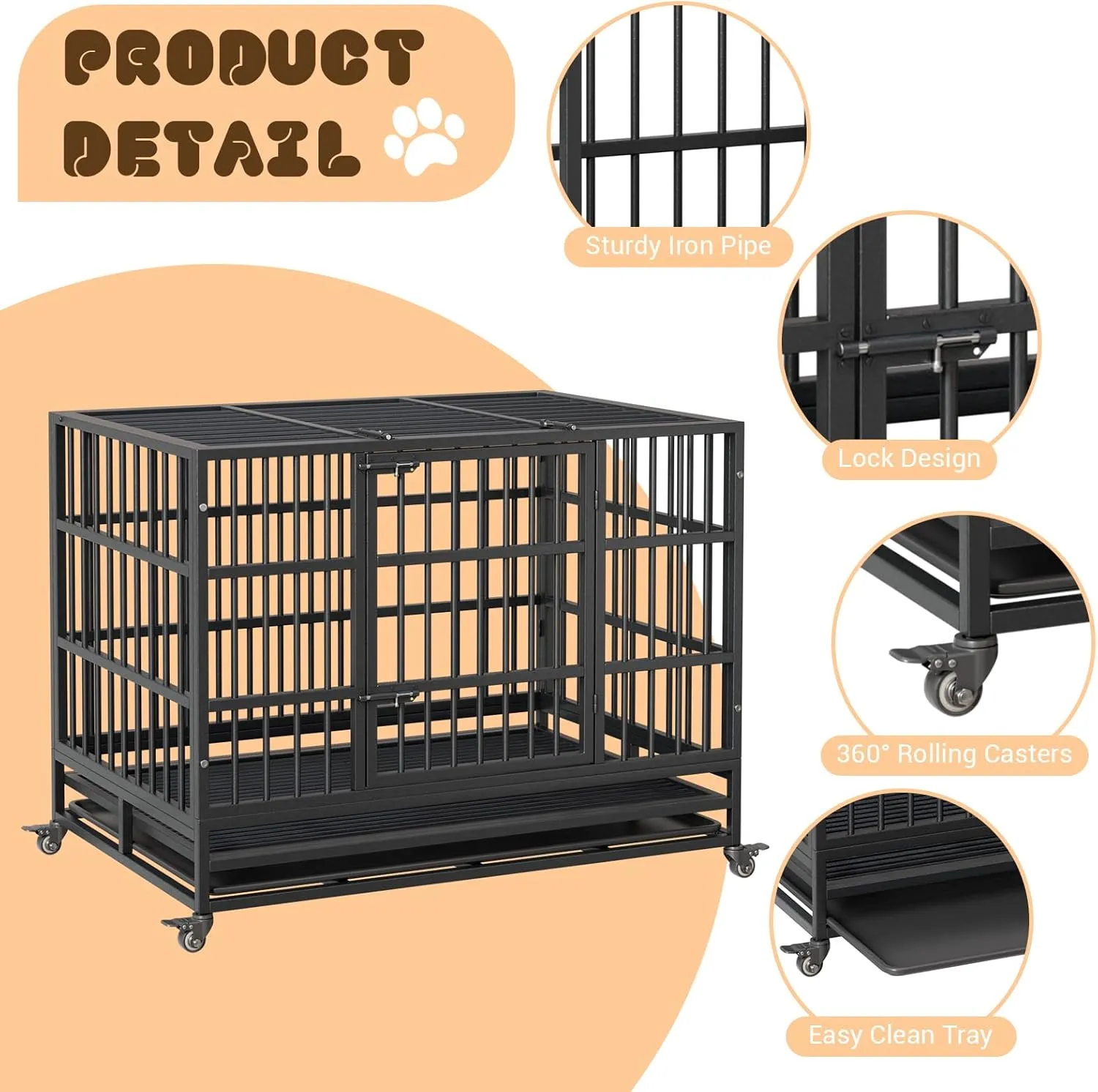 Heavy Duty Dog Crate, 42.5 Inch Dog Crate with Double Door, 360 Lockable Wheels, Removable Tray, Easy to AssemblyIndoor Dog Crate for Small Medium Large Dogs