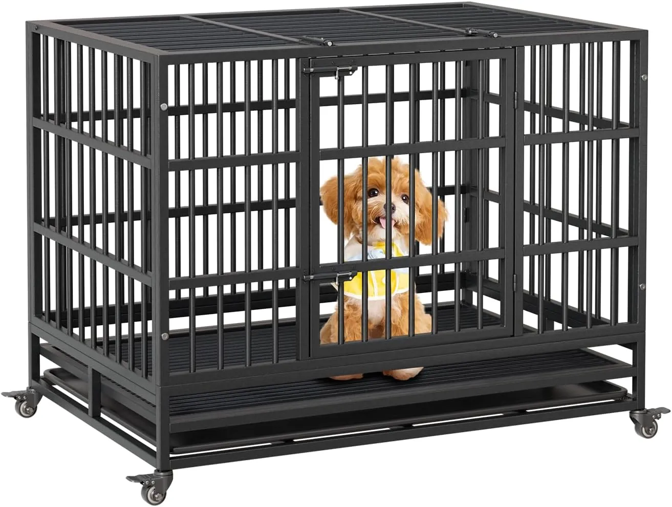 Heavy Duty Dog Crate, 42.5 Inch Dog Crate with Double Door, 360 Lockable Wheels, Removable Tray, Easy to AssemblyIndoor Dog Crate for Small Medium Large Dogs