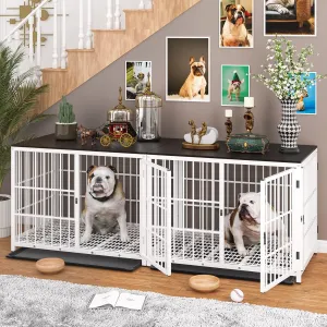 Heavy Duty Dog Crate Furniture: 84Inch Large Unlimited Combinable Dog Wooden Kennel with Three Doors - Indoor Decorative End Table Style Doggy Metal Cage with Removable Tray for Medium Large Dogs