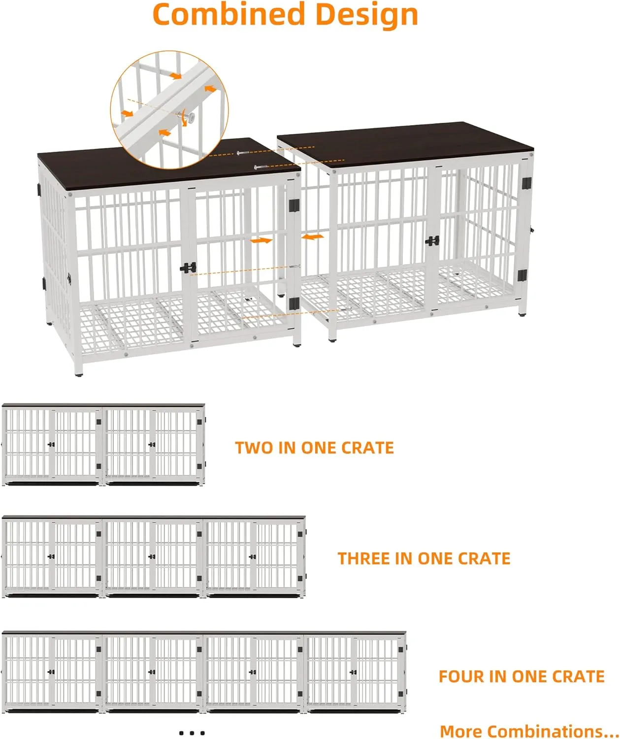 Heavy Duty Dog Crate Furniture: 84Inch Large Unlimited Combinable Dog Wooden Kennel with Three Doors - Indoor Decorative End Table Style Doggy Metal Cage with Removable Tray for Medium Large Dogs