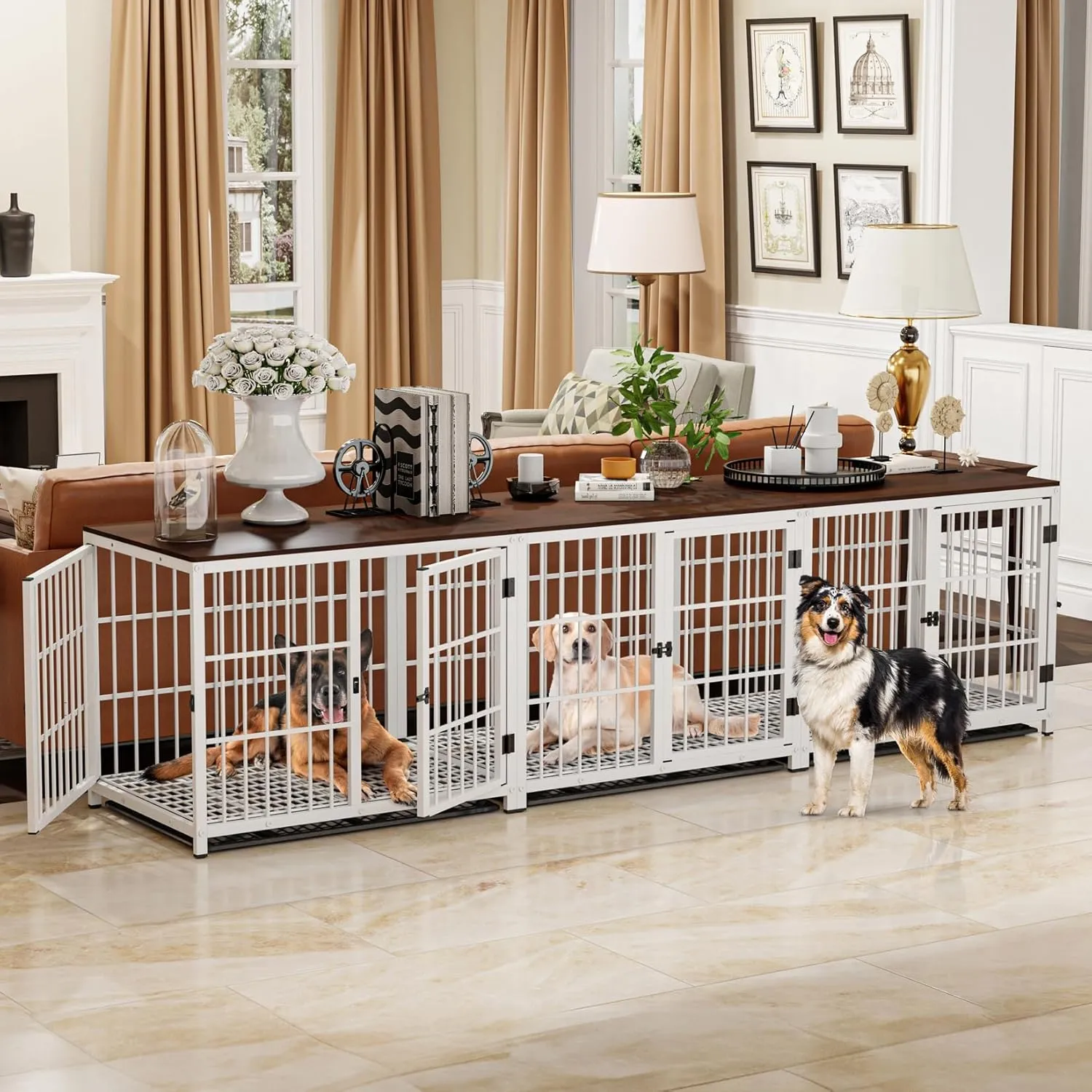 Heavy Duty Dog Crate Furniture: 84Inch Large Unlimited Combinable Dog Wooden Kennel with Three Doors - Indoor Decorative End Table Style Doggy Metal Cage with Removable Tray for Medium Large Dogs