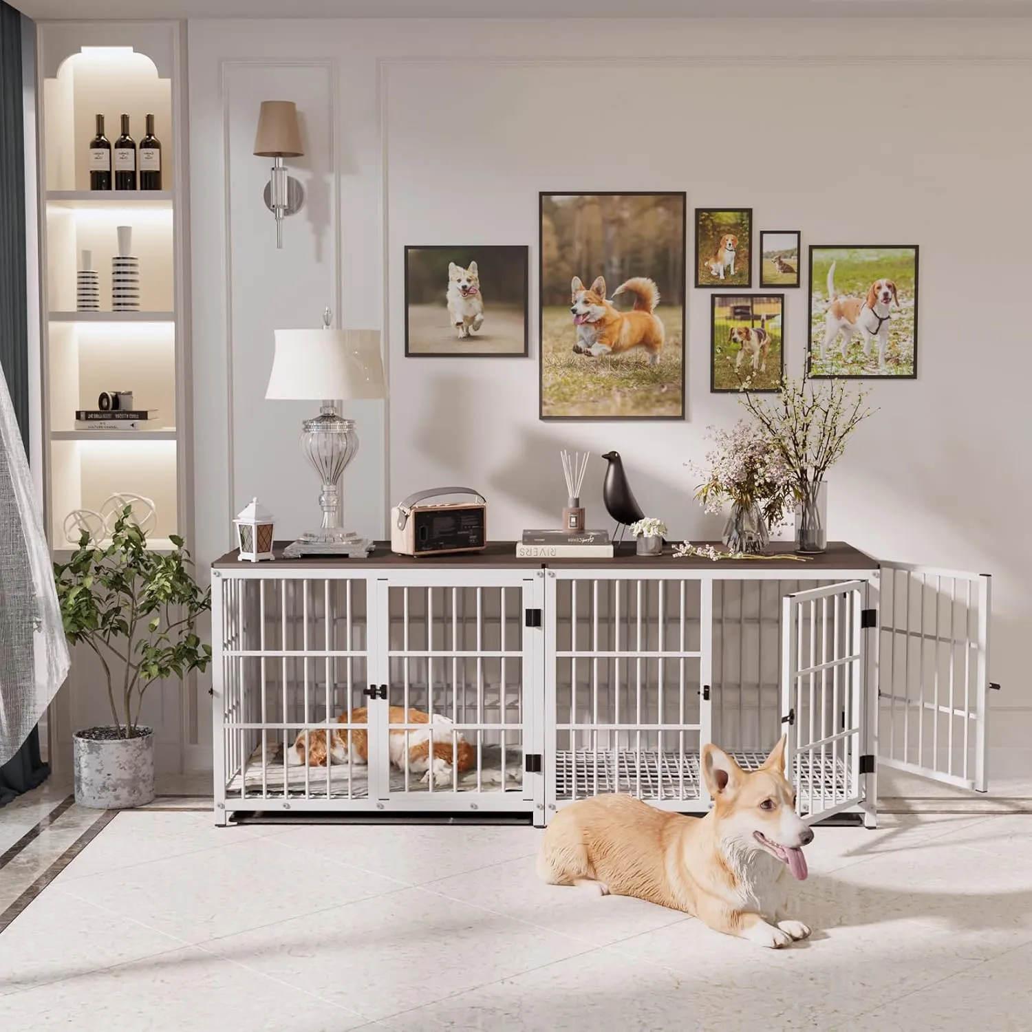 Heavy Duty Dog Crate Furniture: 84Inch Large Unlimited Combinable Dog Wooden Kennel with Three Doors - Indoor Decorative End Table Style Doggy Metal Cage with Removable Tray for Medium Large Dogs