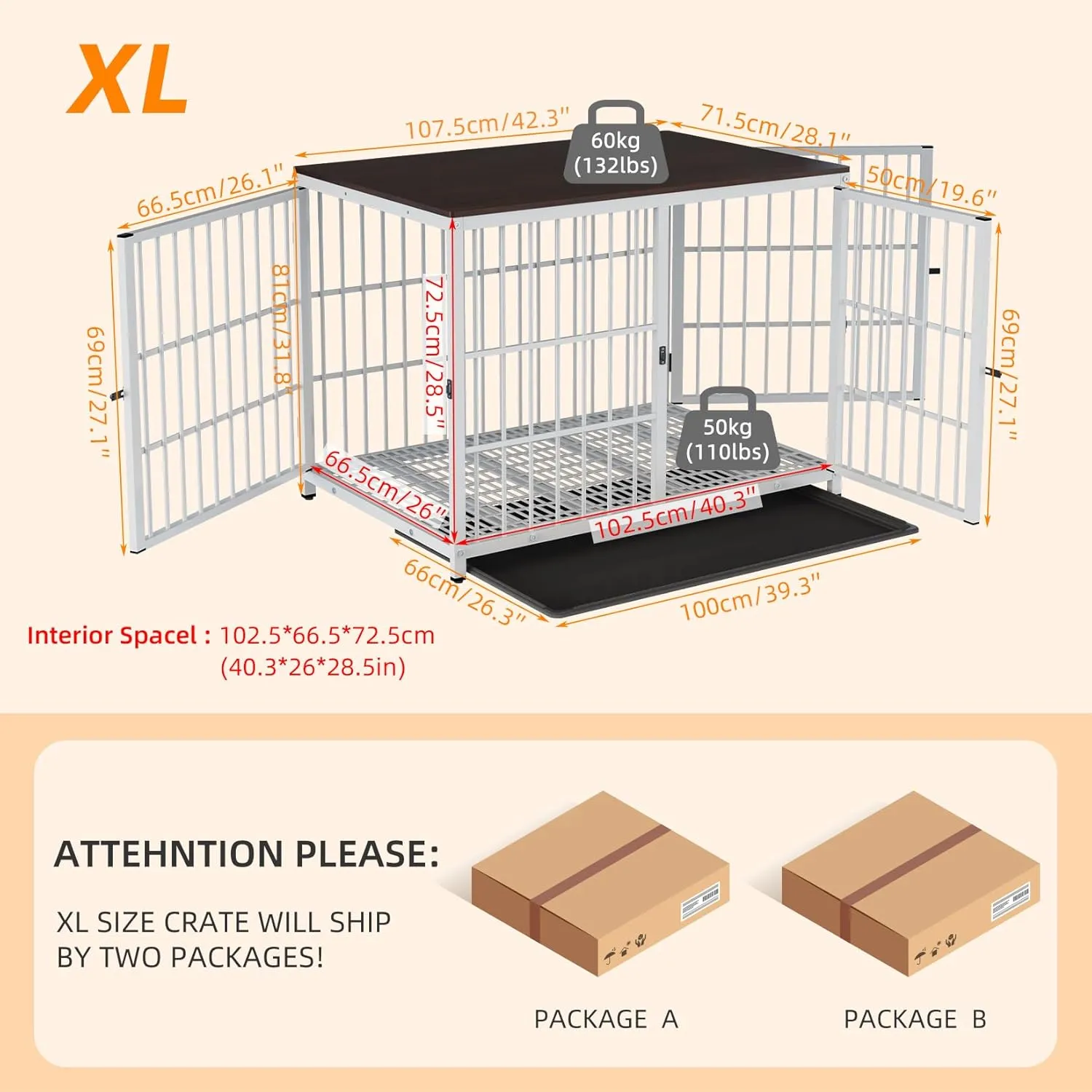 Heavy Duty Dog Crate Furniture: 84Inch Large Unlimited Combinable Dog Wooden Kennel with Three Doors - Indoor Decorative End Table Style Doggy Metal Cage with Removable Tray for Medium Large Dogs