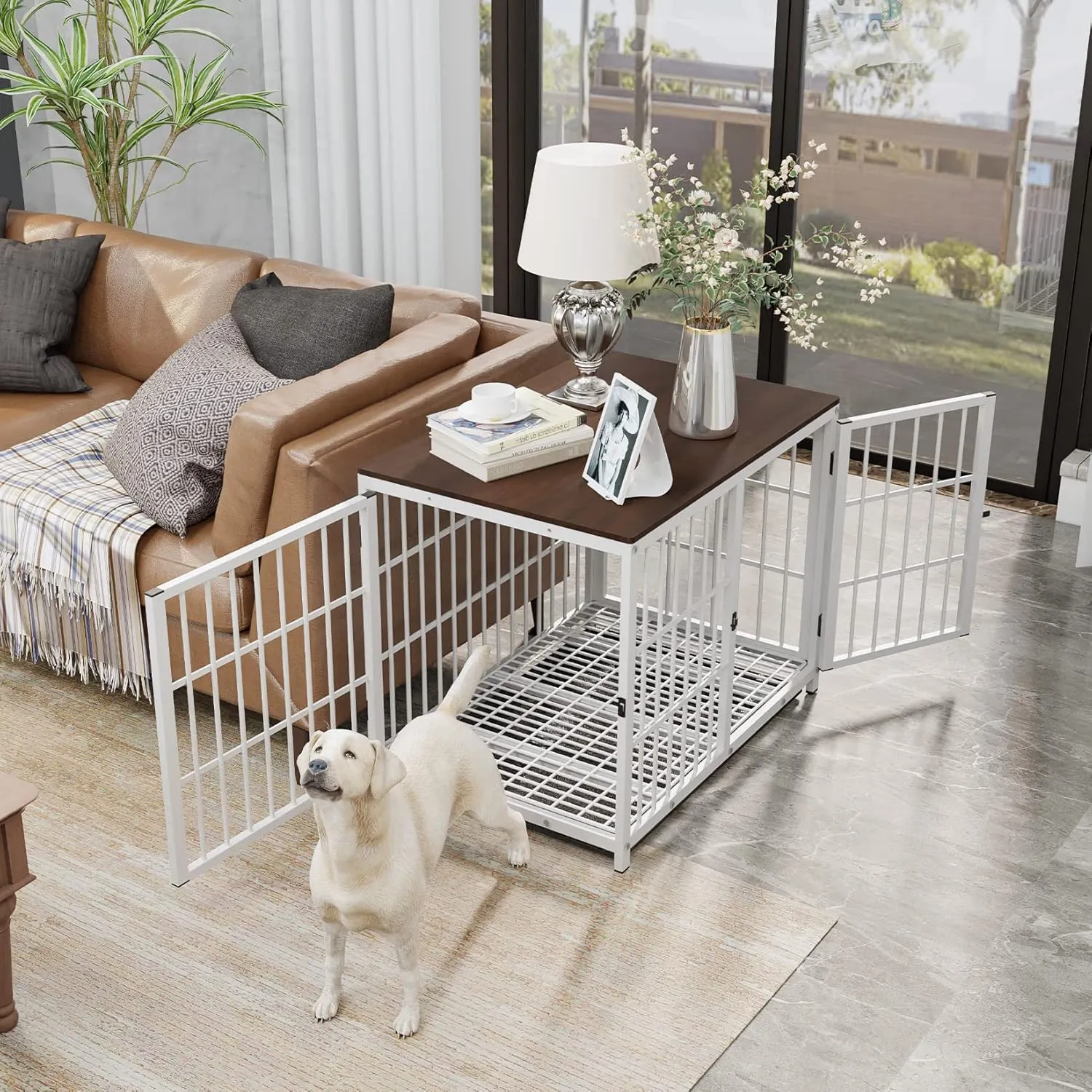Heavy Duty Dog Crate Furniture: 84Inch Large Unlimited Combinable Dog Wooden Kennel with Three Doors - Indoor Decorative End Table Style Doggy Metal Cage with Removable Tray for Medium Large Dogs