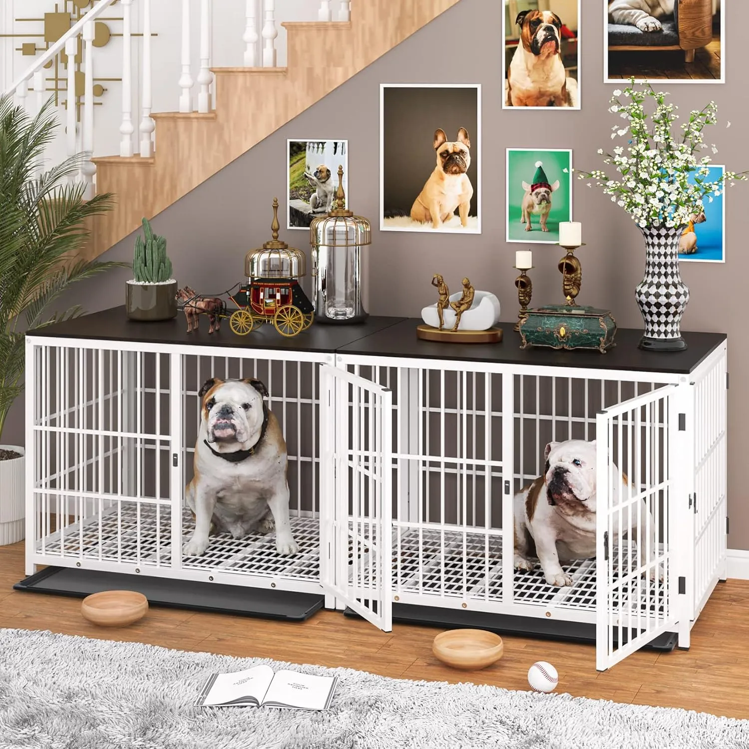 Heavy Duty Dog Crate Furniture: 84Inch Large Unlimited Combinable Dog Wooden Kennel with Three Doors - Indoor Decorative End Table Style Doggy Metal Cage with Removable Tray for Medium Large Dogs