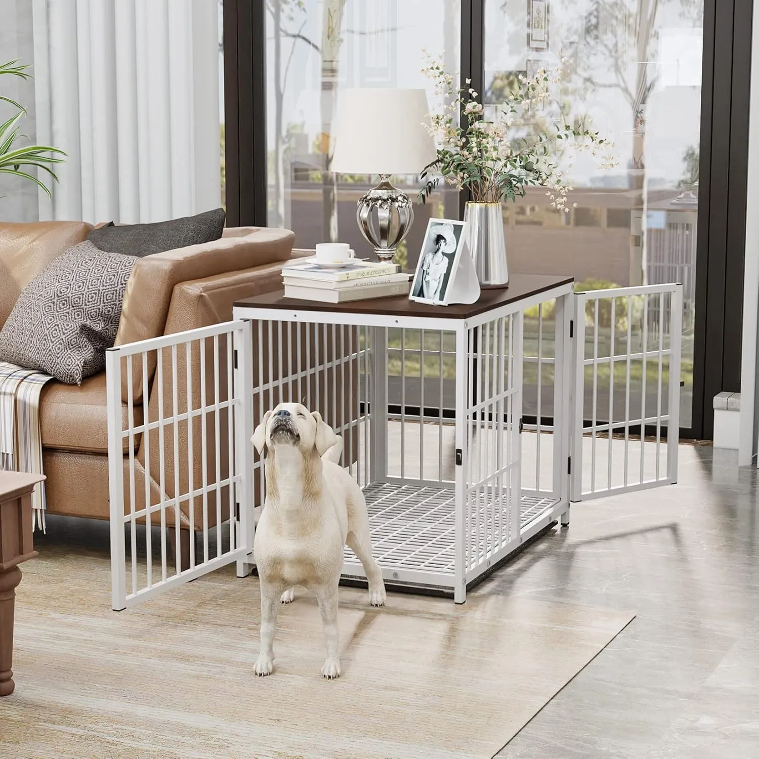 Heavy Duty Dog Crate Furniture: 84Inch Large Unlimited Combinable Dog Wooden Kennel with Three Doors - Indoor Decorative End Table Style Doggy Metal Cage with Removable Tray for Medium Large Dogs