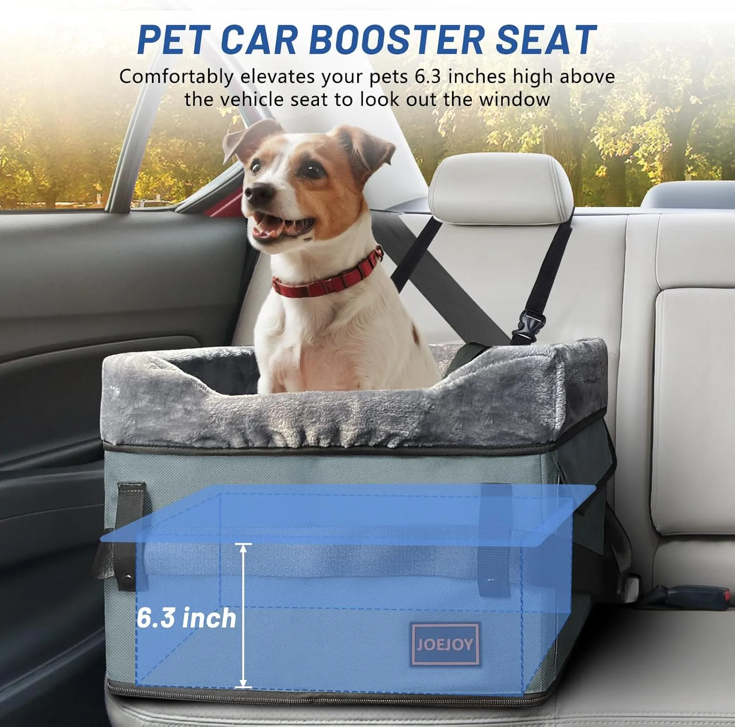 JOEJOY Small Dog Car Seat - Portable Puppy Booster Seat for Car with Clip-On Safety Leash, Adjustable Straps Perfect for Small Pets Up to 25lbs (Grey)
