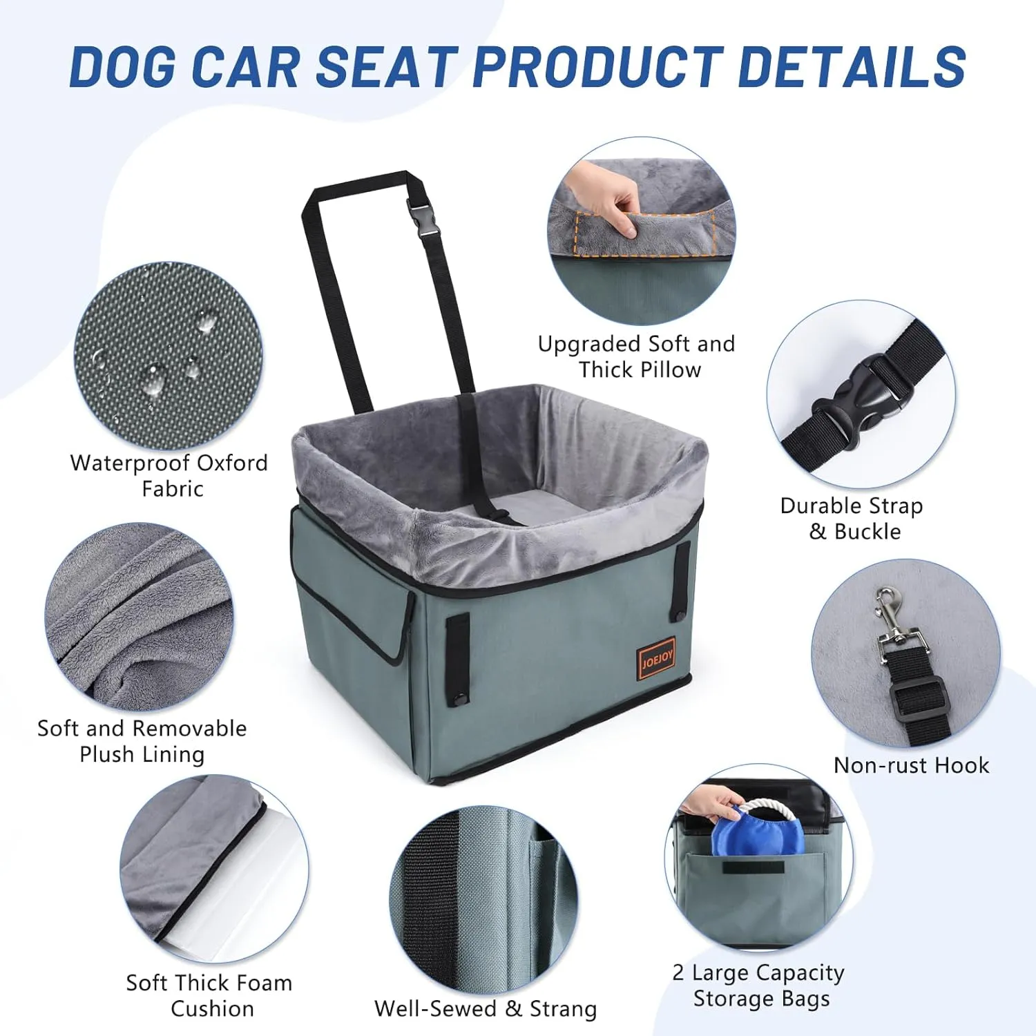 JOEJOY Small Dog Car Seat - Portable Puppy Booster Seat for Car with Clip-On Safety Leash, Adjustable Straps Perfect for Small Pets Up to 25lbs (Grey)
