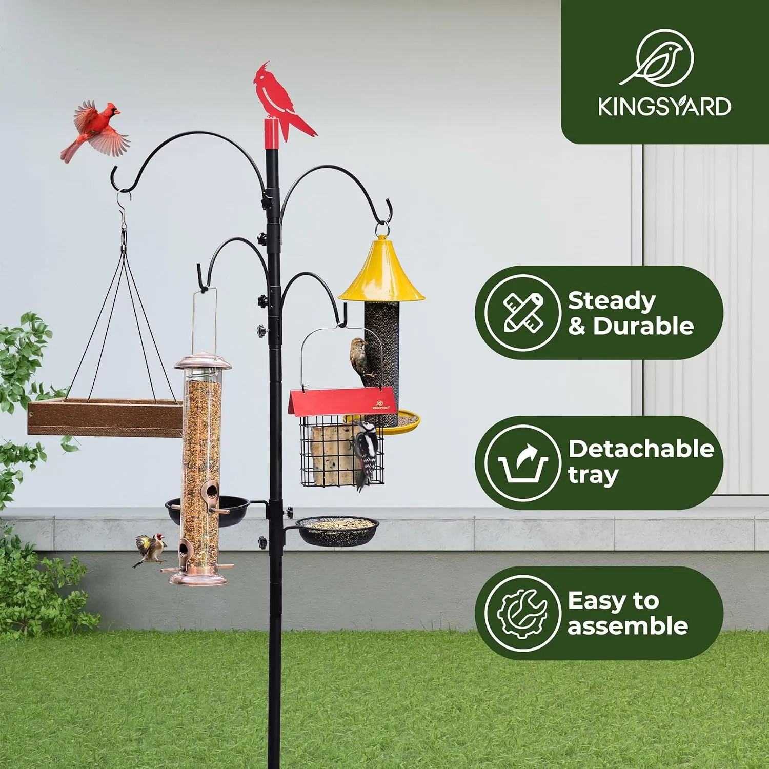 Kingsyard 85" Heavy Duty Feeding Station - Bird Feeder Pole with 5-Prong Base, Metal Tray Bath and Suet Feeder - Ideal Gift for Nature Lovers, Red