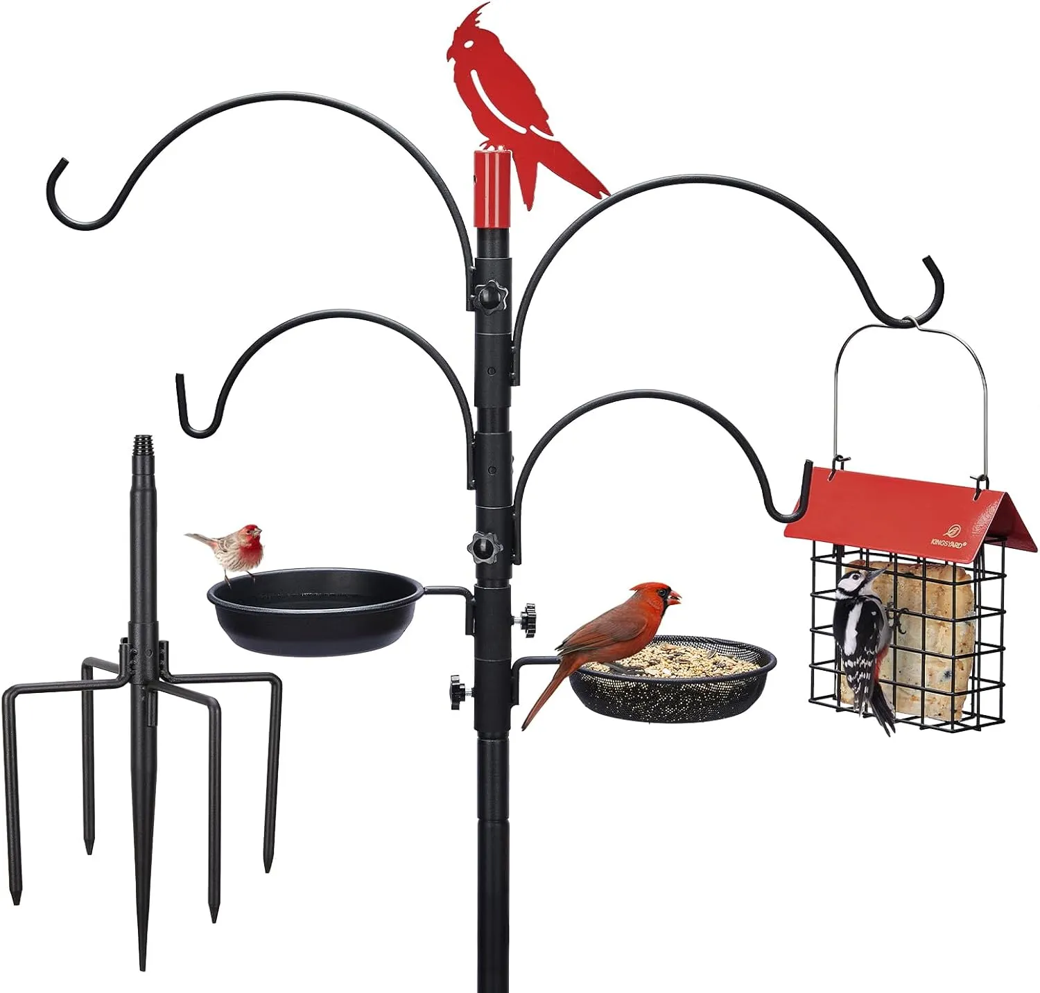 Kingsyard 85" Heavy Duty Feeding Station - Bird Feeder Pole with 5-Prong Base, Metal Tray Bath and Suet Feeder - Ideal Gift for Nature Lovers, Red