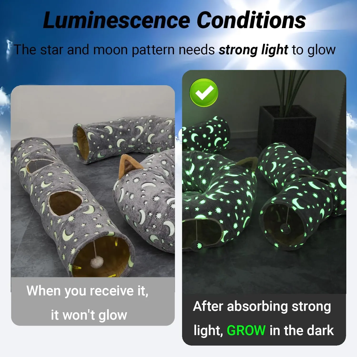 LUCKITTY Cat Tube Tunnel with Plush Ball Toys Collapsible Self-Luminous, for Cat Small Pets Bunny Rabbits, Kittens, Ferrets,Puppy and Dogs Grey Moon Star 3 Way
