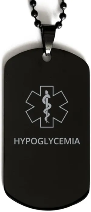 Medical Alert Black Dog Tag, Hypoglycemia Awareness, SOS Emergency Health Life Alert ID Engraved Stainless Steel Chain Necklace For Men Women Kids