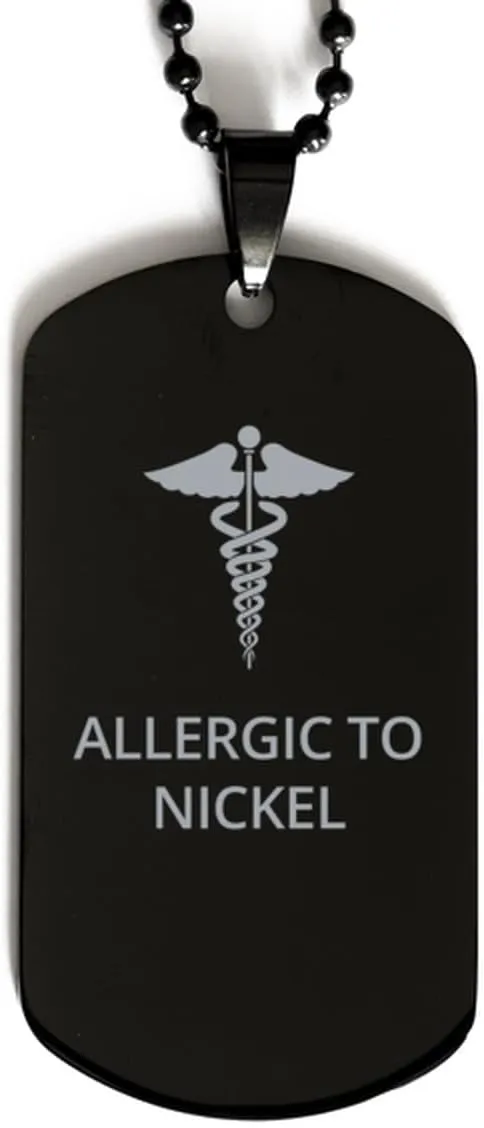 Medical Black Dog Tag, Allergic to Nickel Awareness, Medical Symbol, SOS Emergency Health Life Alert ID Engraved Stainless Steel Chain Necklace For Men Women Kids