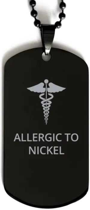 Medical Black Dog Tag, Allergic to Nickel Awareness, Medical Symbol, SOS Emergency Health Life Alert ID Engraved Stainless Steel Chain Necklace For Men Women Kids