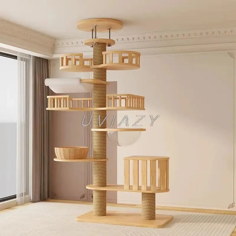 Multi-Level Floor-To-Ceiling Cat Tree Wood Climbing Frame Tree Scratching Sisal Pillar Jumping Platform Tower Height 250-270Cm