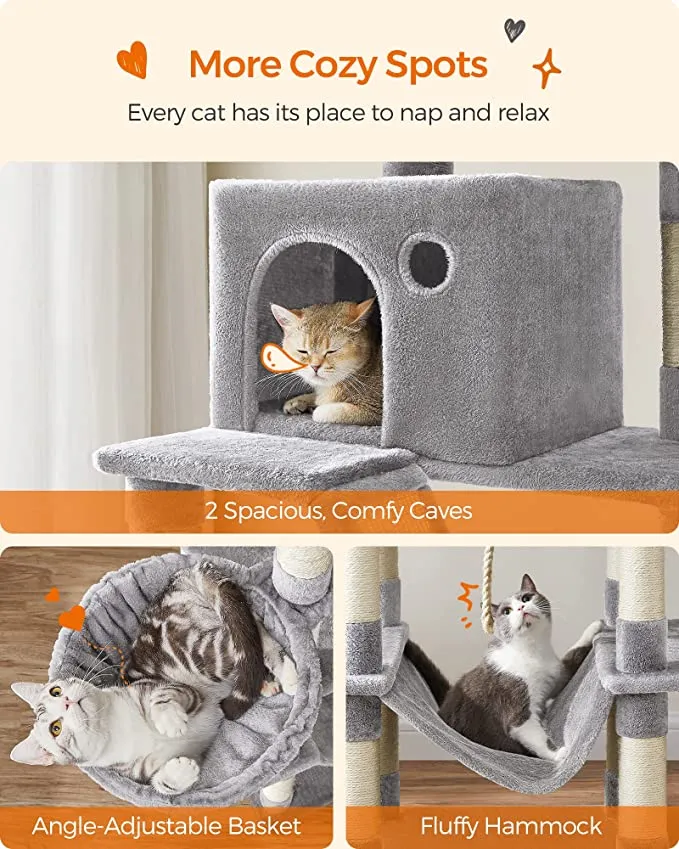 New Massive Feandrea Cat Tree, 81.1-Inch Large Cat Tower with 13 Scratching Posts, 2 Perches, 2 Caves, Basket, Hammock, Pompoms, Multi-Level Plush Cat Condo for Indoor Cats, Light Grey