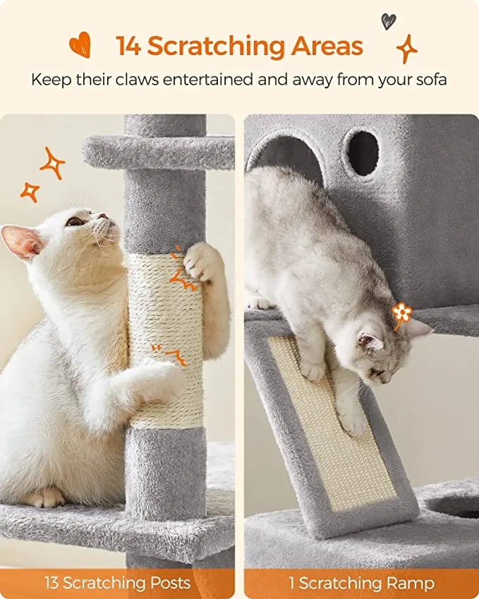 New Massive Feandrea Cat Tree, 81.1-Inch Large Cat Tower with 13 Scratching Posts, 2 Perches, 2 Caves, Basket, Hammock, Pompoms, Multi-Level Plush Cat Condo for Indoor Cats, Light Grey