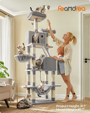 New Massive Feandrea Cat Tree, 81.1-Inch Large Cat Tower with 13 Scratching Posts, 2 Perches, 2 Caves, Basket, Hammock, Pompoms, Multi-Level Plush Cat Condo for Indoor Cats, Light Grey