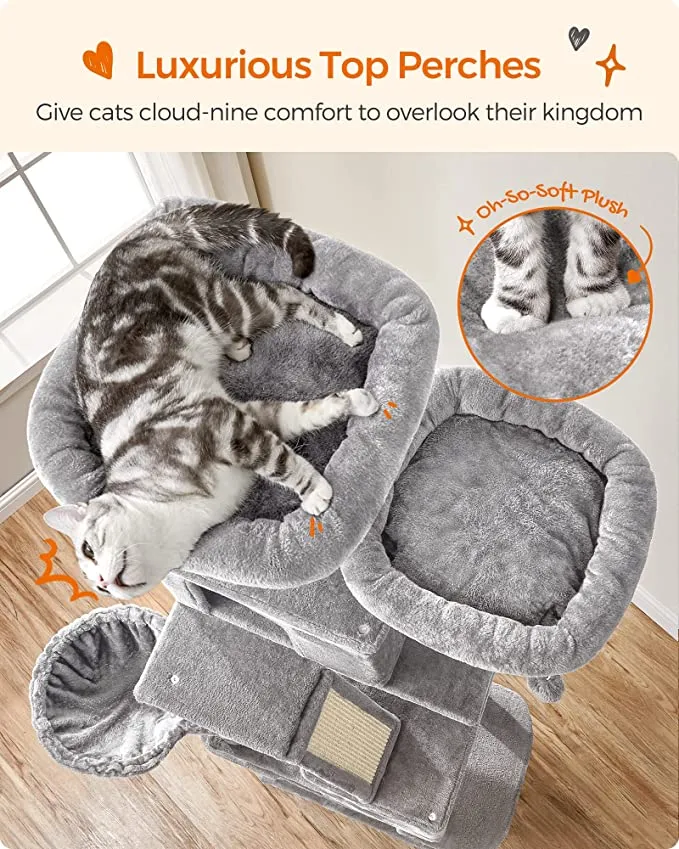 New Massive Feandrea Cat Tree, 81.1-Inch Large Cat Tower with 13 Scratching Posts, 2 Perches, 2 Caves, Basket, Hammock, Pompoms, Multi-Level Plush Cat Condo for Indoor Cats, Light Grey