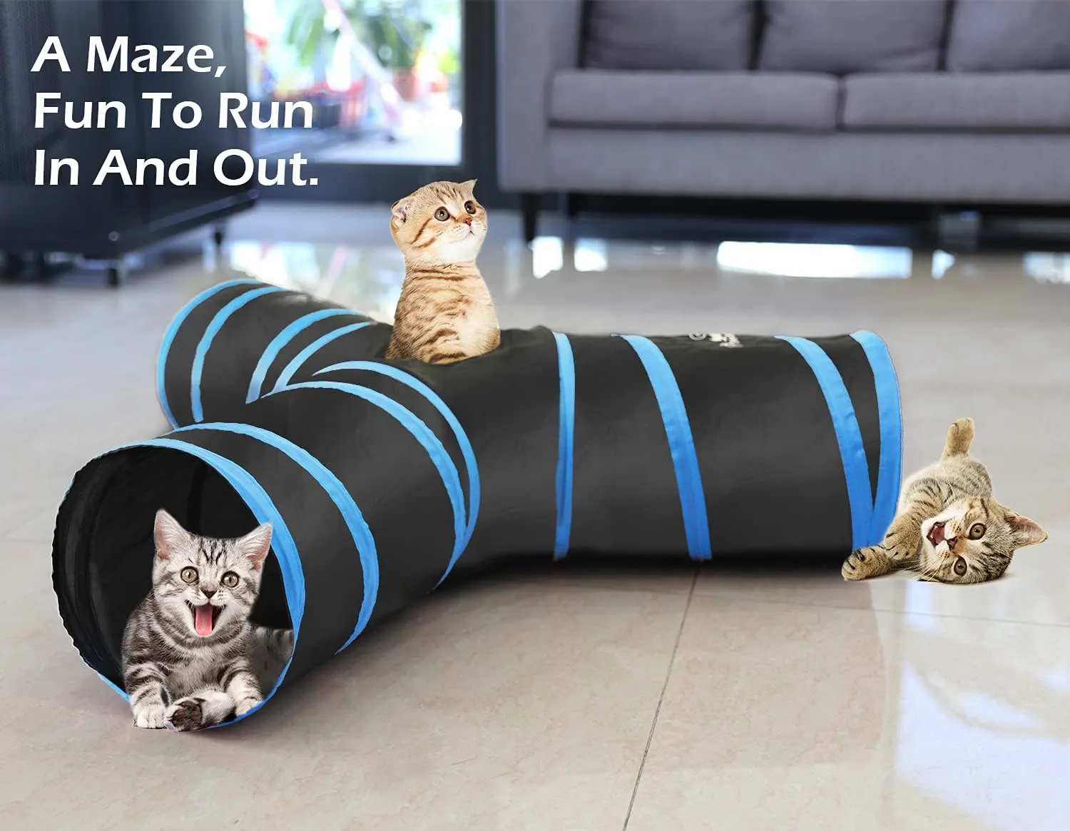 Pawaboo Cat Tunnel Tube - 3-Way Tunnels 25x53cm Extensible Collapsible Play Tent Interactive Toy Maze House Bed With Balls and Bells for Kitten Kitty Rabbit Small Animal, Blue