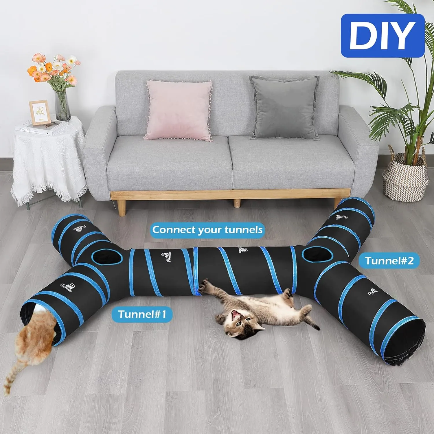 Pawaboo Cat Tunnel Tube - 3-Way Tunnels 25x53cm Extensible Collapsible Play Tent Interactive Toy Maze House Bed With Balls and Bells for Kitten Kitty Rabbit Small Animal, Blue