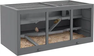 PawHut Extra Large Wooden Hamster Cage, Gerbil Cage, and Other Small Animal Habitat, Hamster Habitat with Opening Roof, Hut, Ramps, Gray