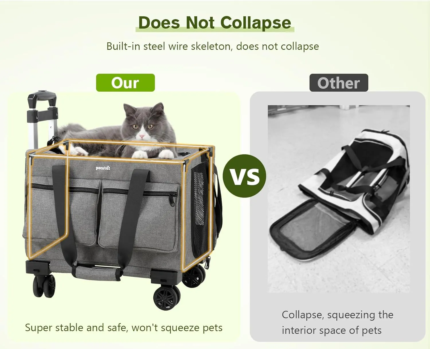 Pecute Cat Carrier with Wheels,Steel Wire Frame Cat Carrier, Stable Pet Trolley Bag for Cats, Pet Handbag and Stroller Bag, Portable Cat Carrier Bag for Car Travel Bus Subway, Grey