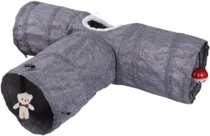 Pet Cat Tunnel Toys 4 Holes T-Shape Foldable Kitten Rabbit Peek Pipeline Indoor Funny Toy Pets Training Interactive Supplies,Grey