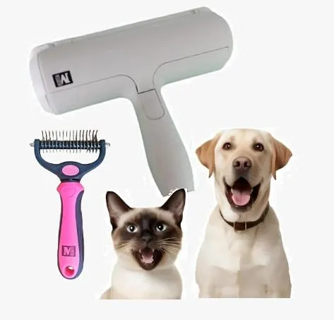 Pet Grooming Set: Hair Remover Roller  Dogs & Cats Pet Hair Remover. Grooming Rake Double-Sided Deshedding Dematting Tool. (BLUE)
