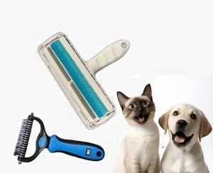 Pet Grooming Set: Hair Remover Roller  Dogs & Cats Pet Hair Remover. Grooming Rake Double-Sided Deshedding Dematting Tool. (BLUE)