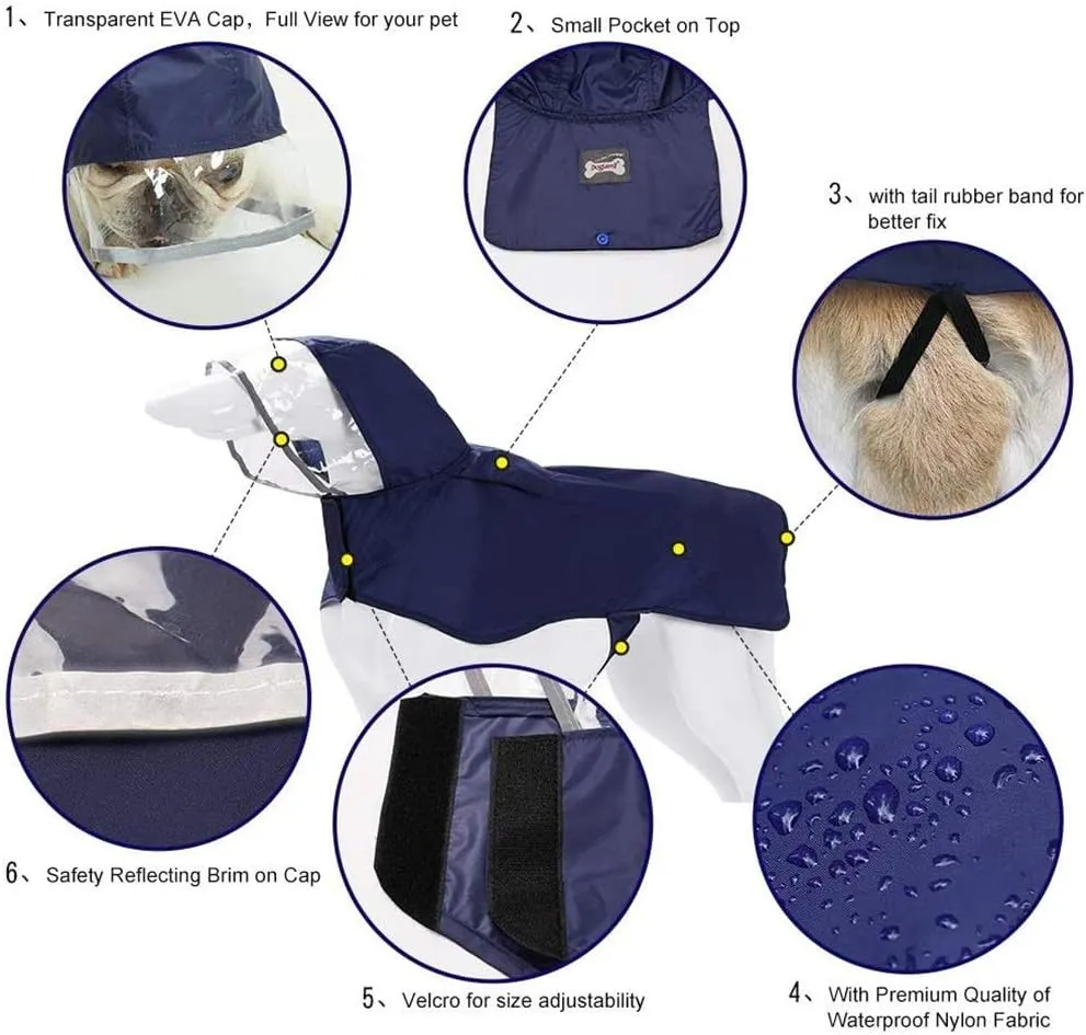 Pet Raincoat Packable Hooded Dog Rain Jacket Reflective Strips Lightweight Adjustable Poncho for Small Medium Large Dogs Blue S