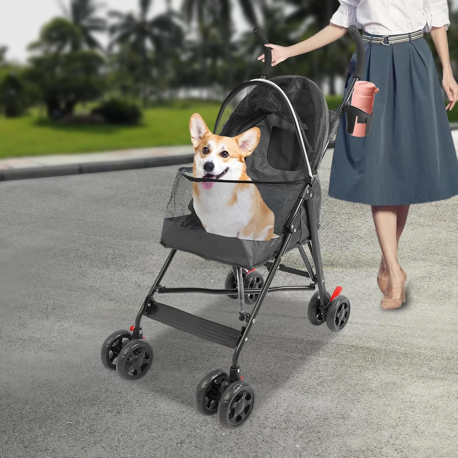 Pet Stroller, Foldable Pet Travel Stroller with Weather Cover, 2 Wheels Pet Strolling Cart for Small Medium Dogs Cats with Cup Holder Breathable Visible Mesh Outdoor Stroller for All-Season (Black)