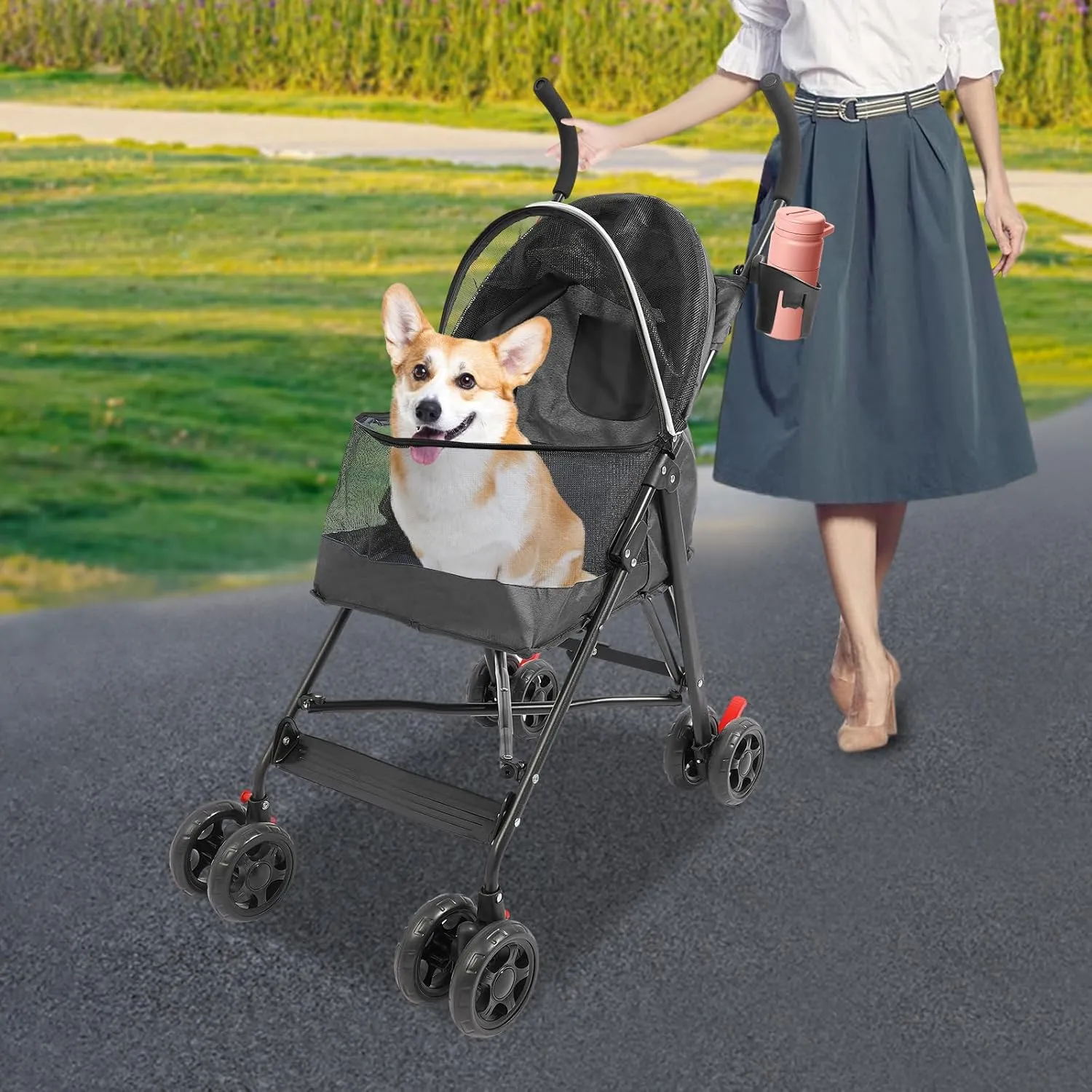 Pet Stroller, Foldable Pet Travel Stroller with Weather Cover, 2 Wheels Pet Strolling Cart for Small Medium Dogs Cats with Cup Holder Breathable Visible Mesh Outdoor Stroller for All-Season (Black)