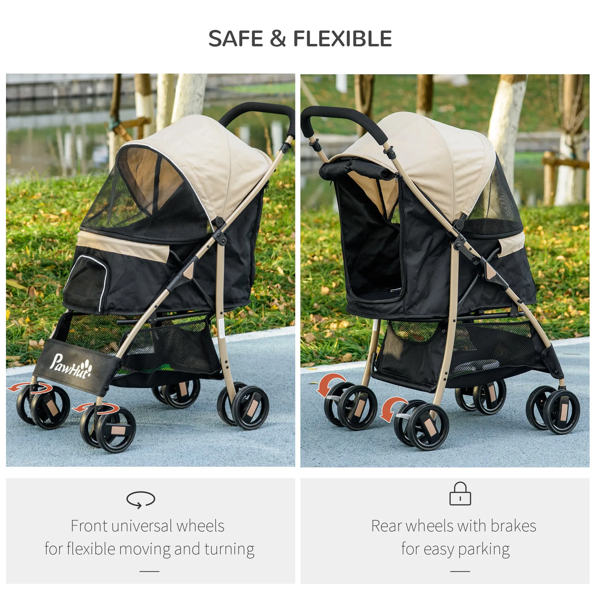 Pet Stroller for Small and Miniature Dogs, with Rain Cover - Khaki