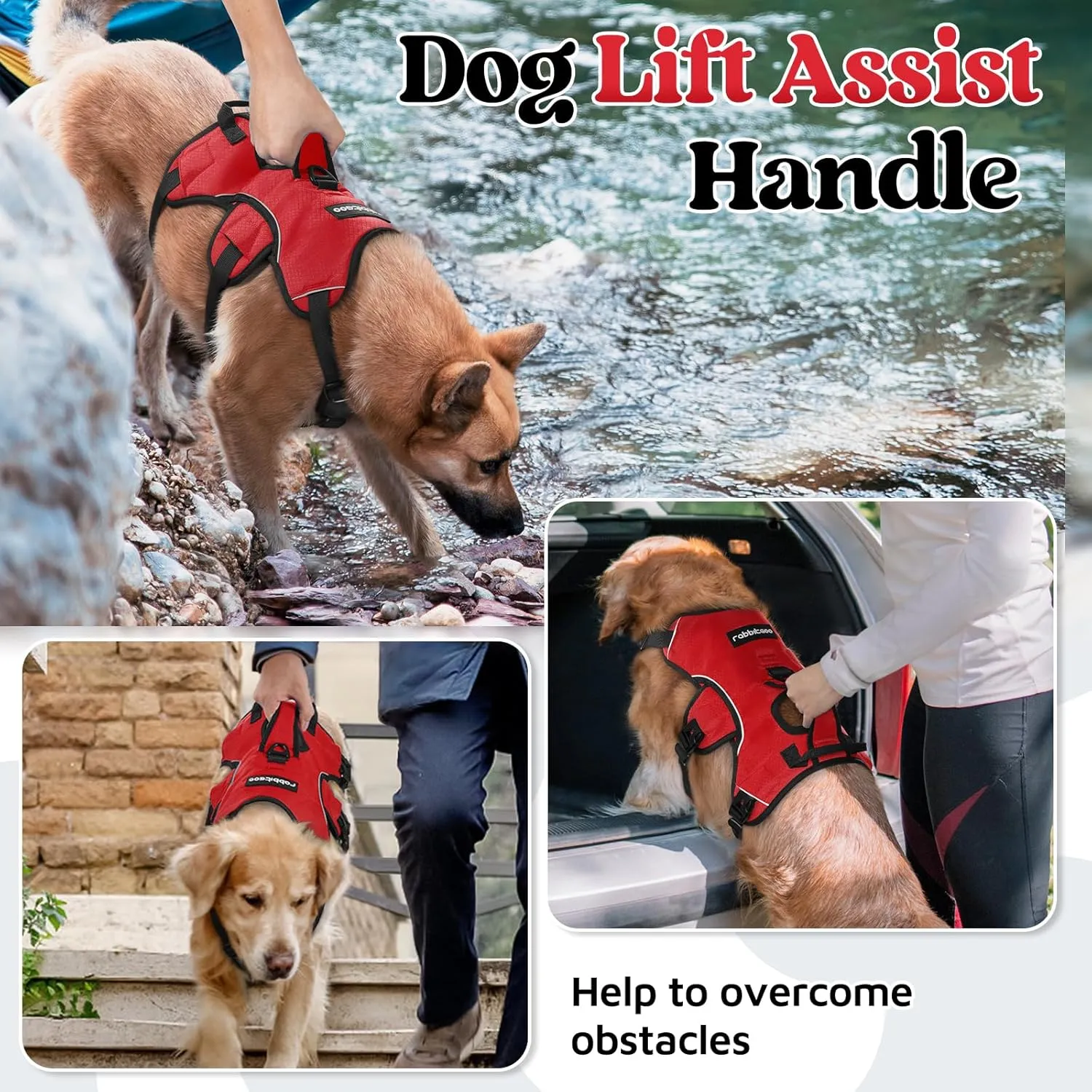rabbitgoo Escape Proof Dog Harness, Soft Padded Full Body Pet Harness, Reflective Adjustable No Pull Vest with Lift Handle and Leash Clip for Large Dogs Walking Hiking Training, L, Red