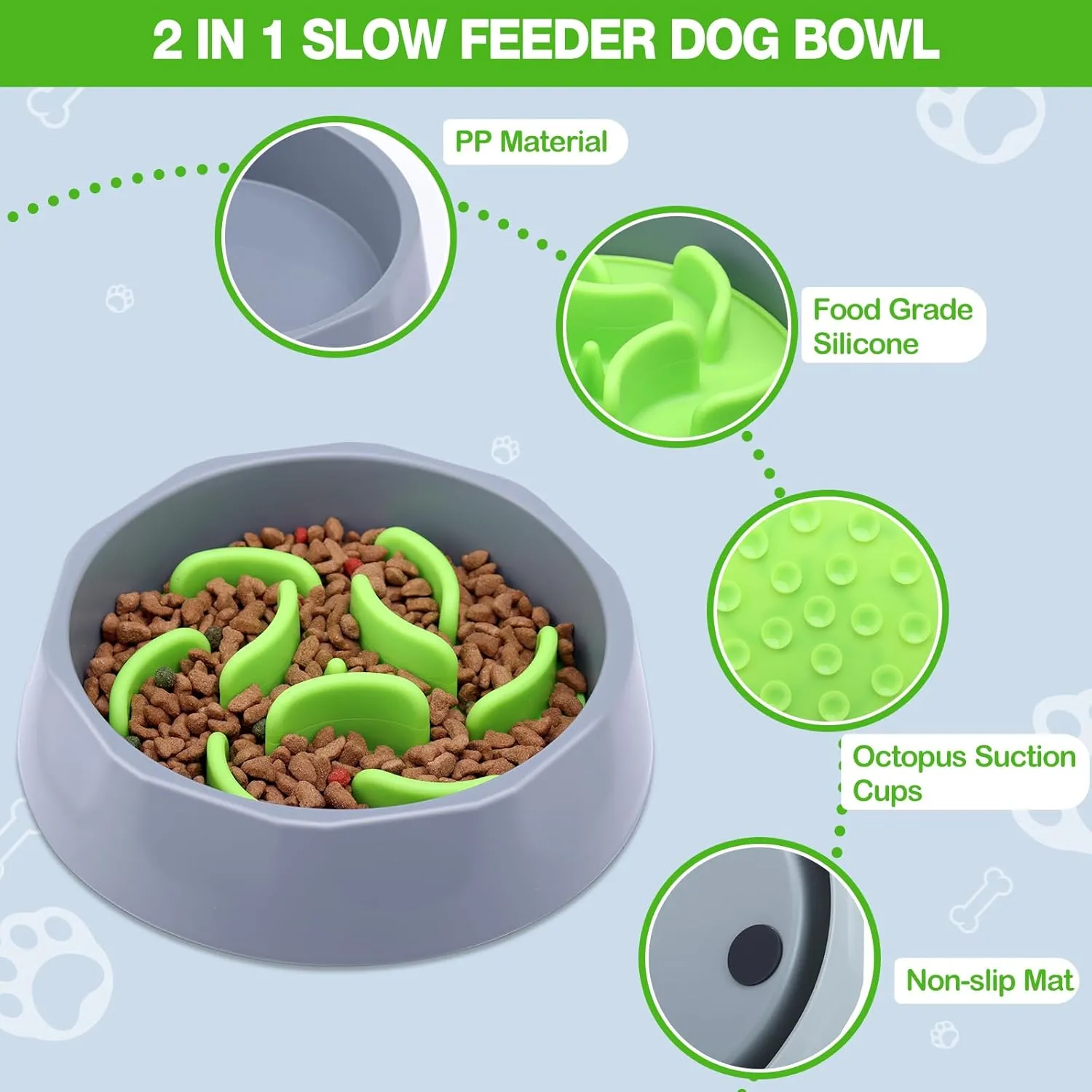 Slow Feeder Dog Bowls Insert, Anti-Choking Puzzle Dog Food Bowls,2-in-1 Puppy Slow Feeder Bowl for Fast Eater, Dog Dishes to Slow Down Eating(Green)