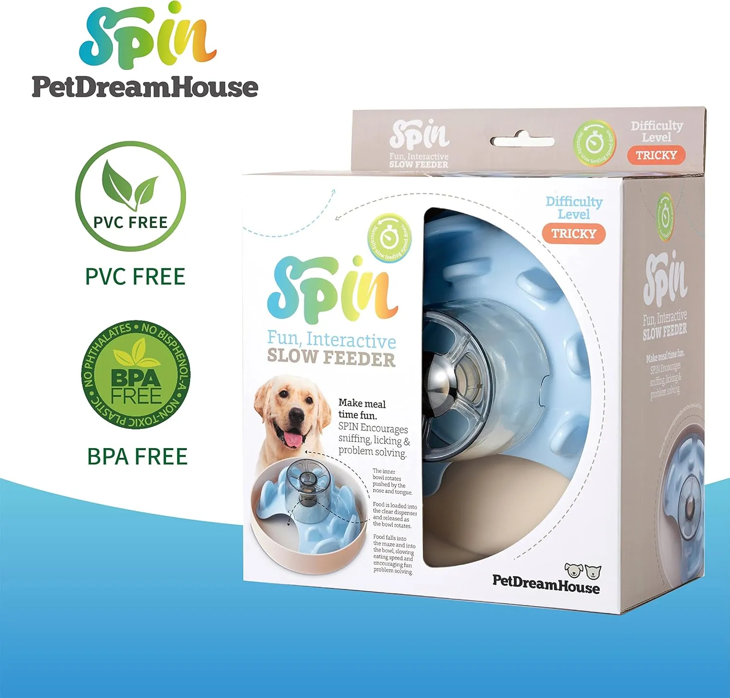 Spin Interactive Slow Feeder Bowl for Dogs - UFO Blue - Skill Level: Tricky - Fun and Healthy Feeding with Movable, Adjustable Center Puzzle Piece for All Dogs and Food Types