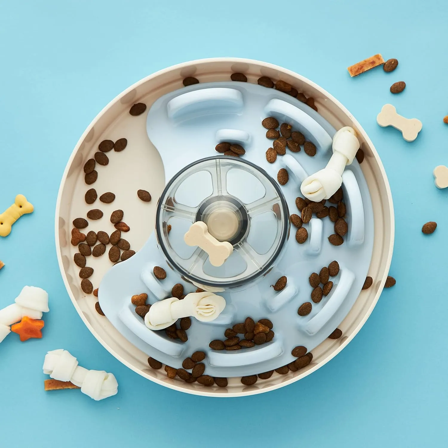 Spin Interactive Slow Feeder Bowl for Dogs - UFO Blue - Skill Level: Tricky - Fun and Healthy Feeding with Movable, Adjustable Center Puzzle Piece for All Dogs and Food Types
