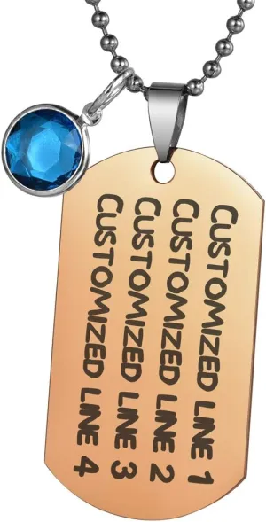 Stainless Steel Dog Cat ID Tag Customized Engraving Text Rectangle Pendant Necklace with Birthstones  Rose Gold