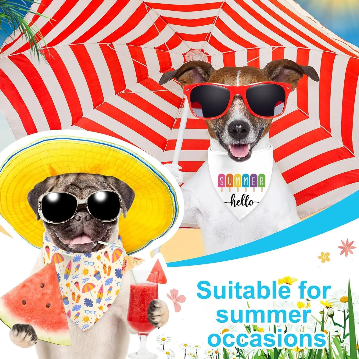 Summer Dog Bandanas, Adjustable Summer Party Pet Decorations 2 Pack Hawaiian Triangle Bibs Cat Scarf Set