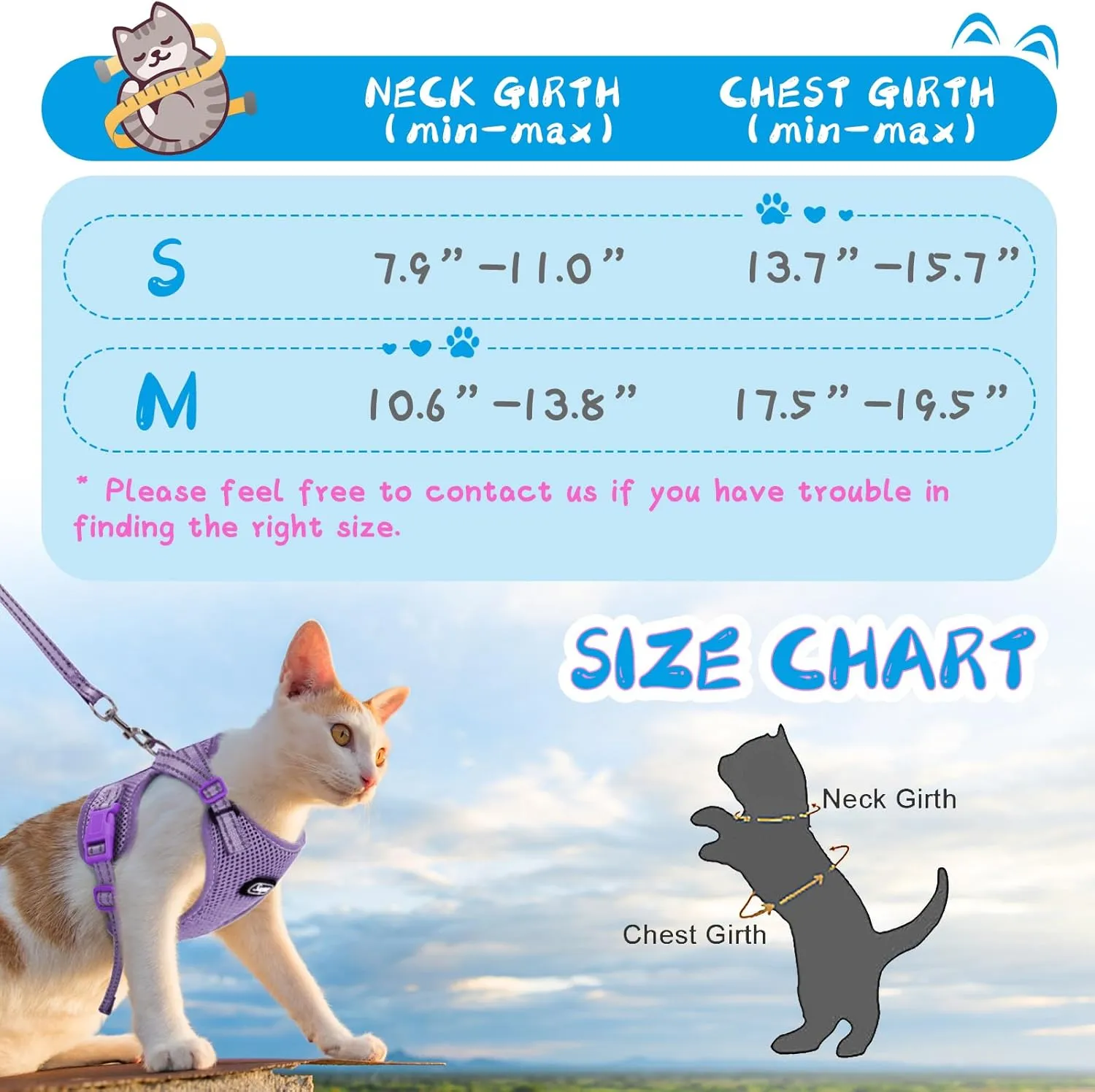Supet Cat Harness and Leash Set for Small to Large Cats Adjustable Cat Vest Harness with Reflective Trim Universal Cat Leash and Harness for Cats/Puppies