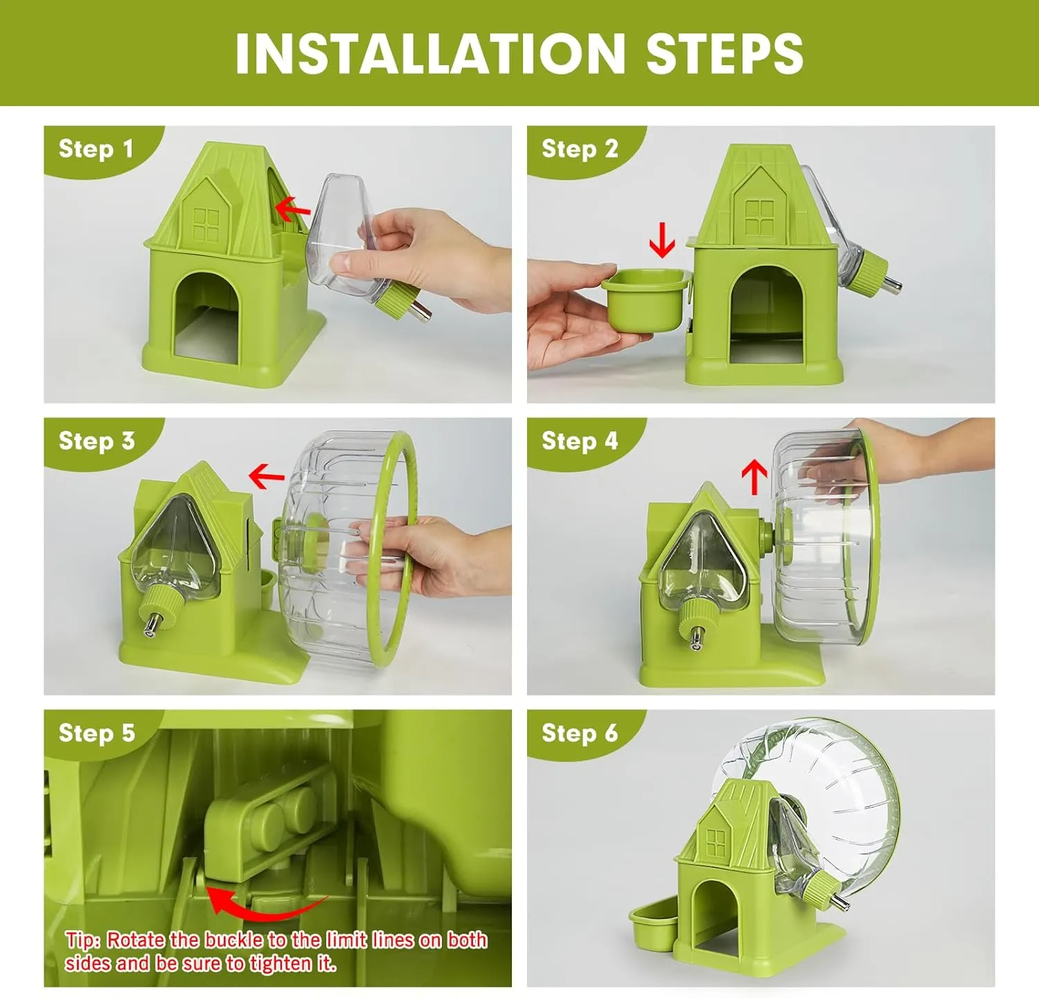 VANNON 4 in 1 Quiet Hamster Exercise Wheel, Multi Functional Hamster House with Running Wheel, Water Bottle, Food Bowl and Hideout, Small Animals Exercise Running Toys for Hamsters Gerbils Mice, Green