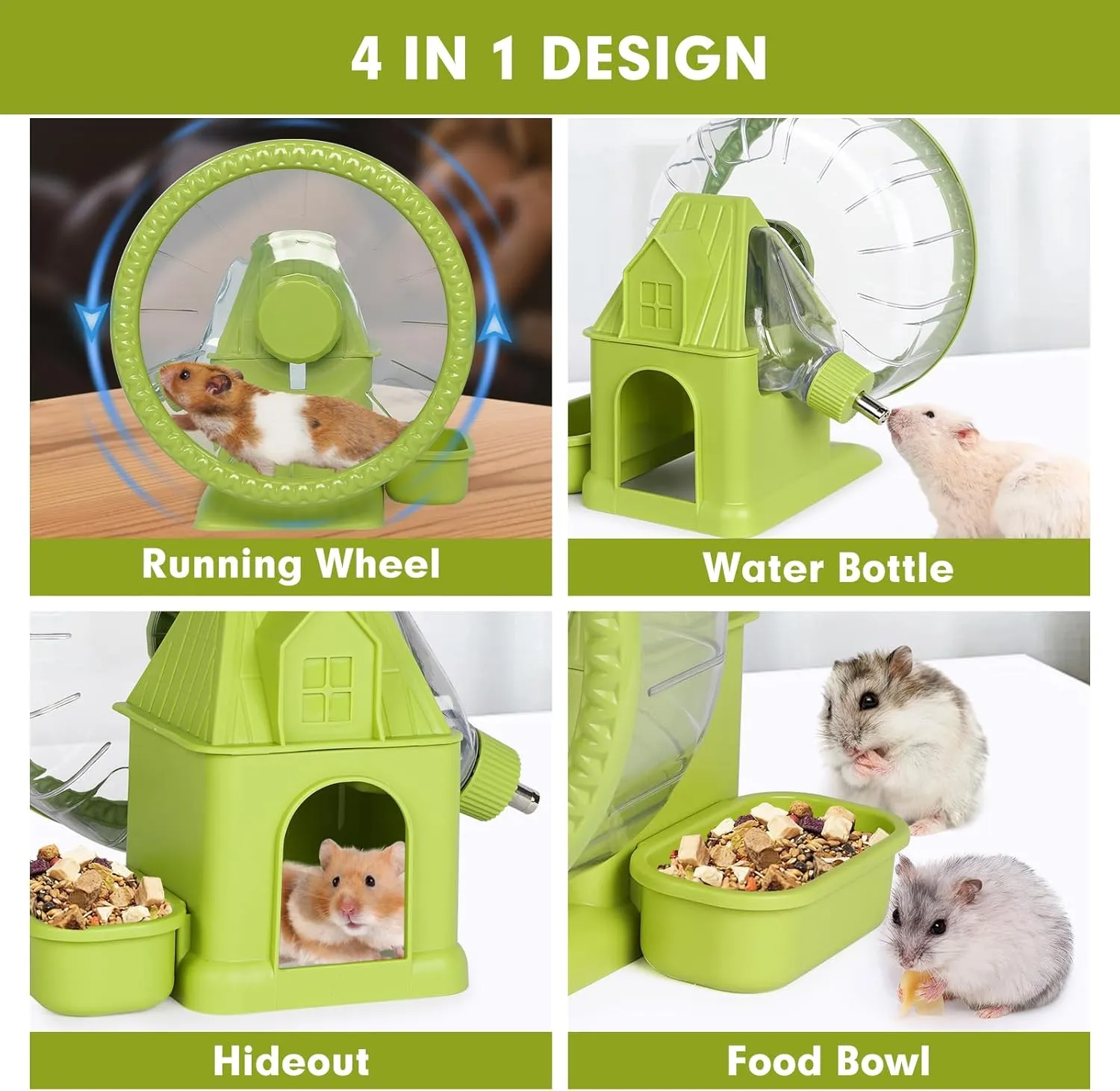 VANNON 4 in 1 Quiet Hamster Exercise Wheel, Multi Functional Hamster House with Running Wheel, Water Bottle, Food Bowl and Hideout, Small Animals Exercise Running Toys for Hamsters Gerbils Mice, Green