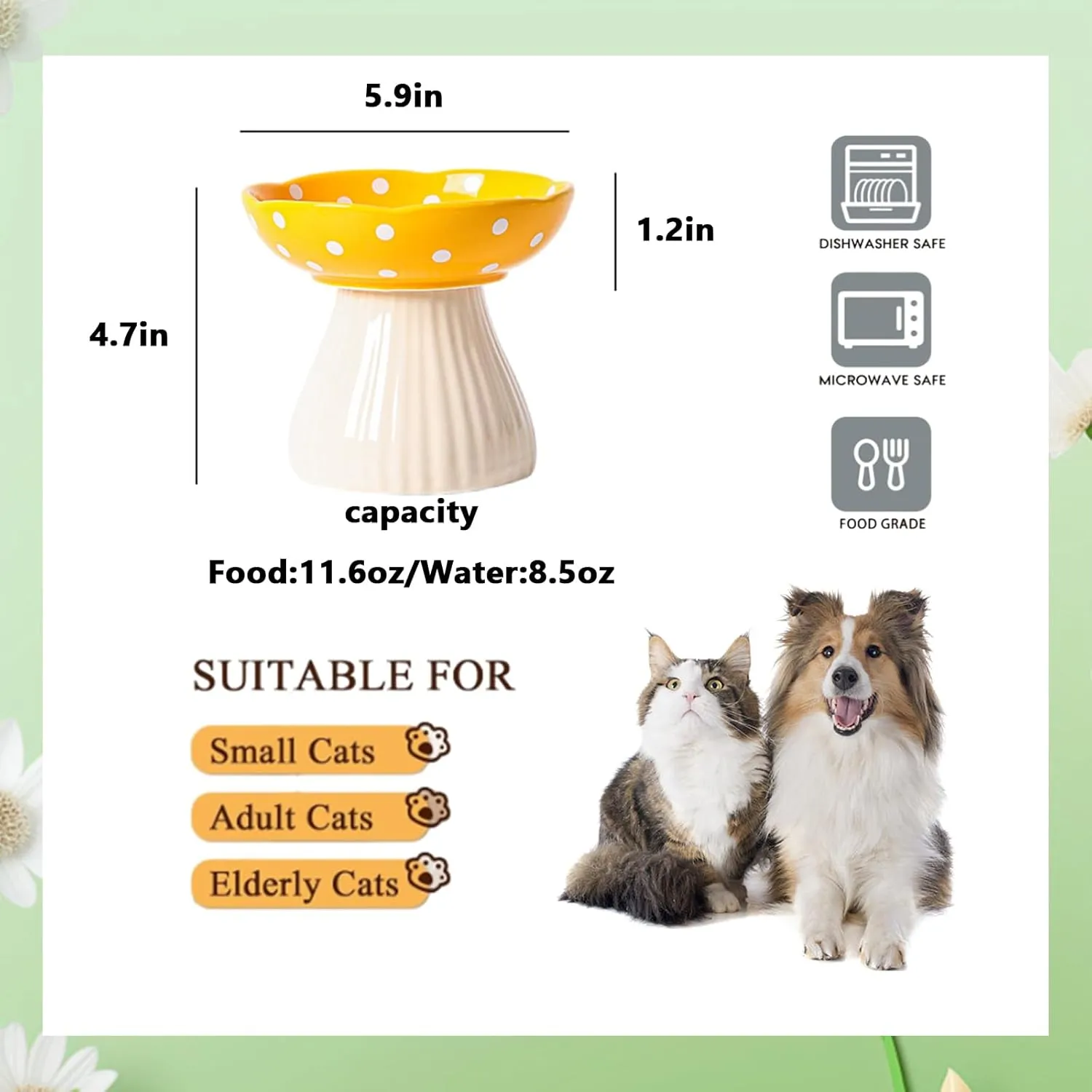 VEEKI Raised Cat Food Bowls, Wide Shallow 5.9"" Whisker Friendly Ceramic Cat Bowl, Protecting Pet's Spine - Microwave & Dishwasher Safe (Yellow)