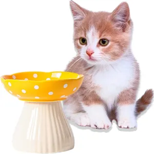 VEEKI Raised Cat Food Bowls, Wide Shallow 5.9"" Whisker Friendly Ceramic Cat Bowl, Protecting Pet's Spine - Microwave & Dishwasher Safe (Yellow)
