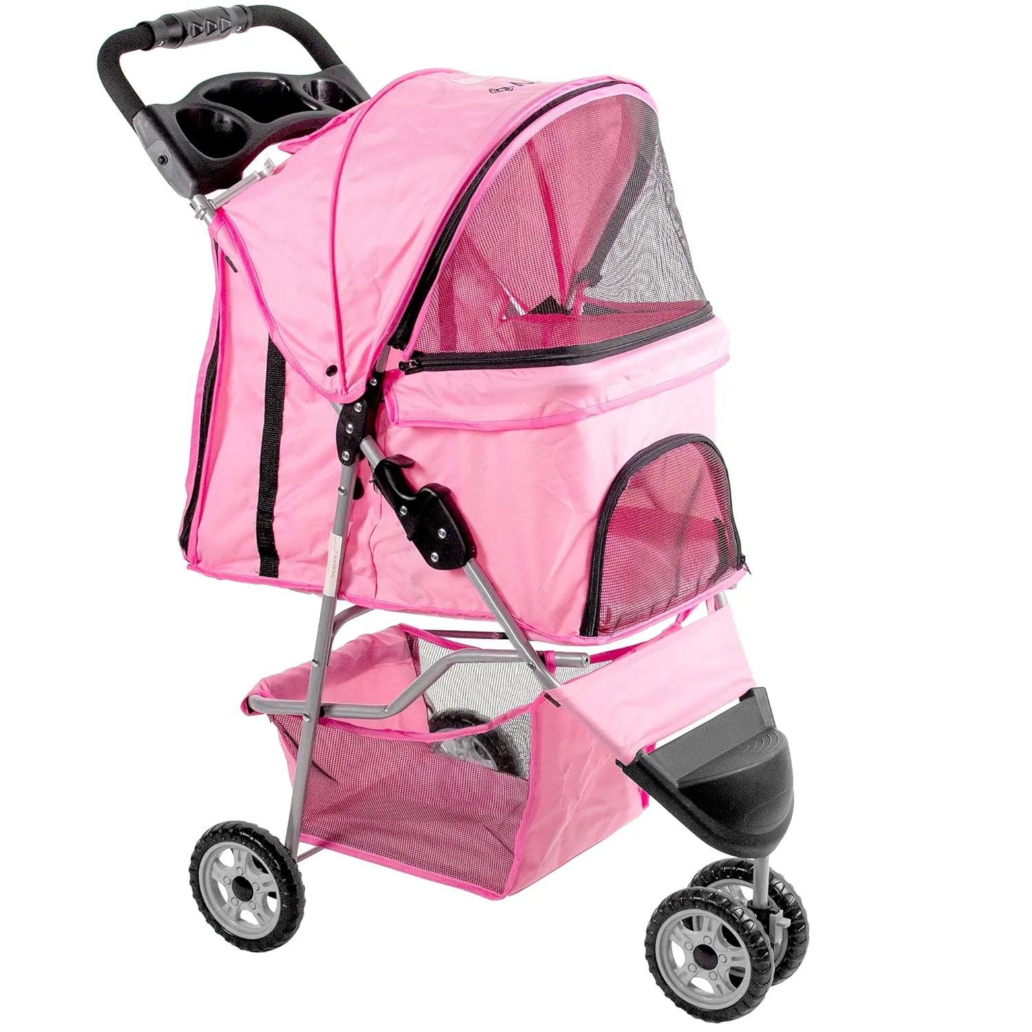 VIVO Pink 3 Wheel Pet Stroller for Cat, Dog and More, Foldable Carrier Strolling Cart, STROLR-V003N